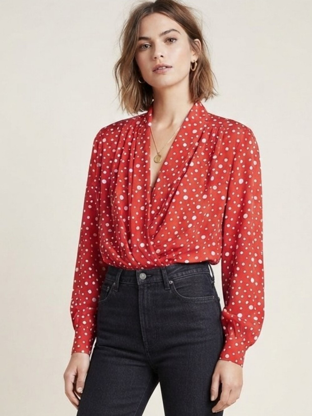 Evan Picone Red/ White Polka Dots Blouse Size 8